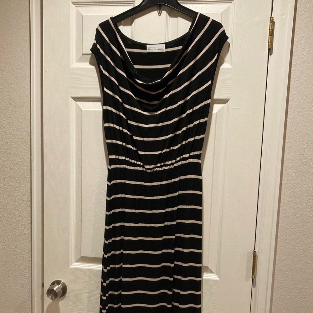Elliott Lauren Black and Cream Stripped Long dress; scoop neck/ elastic waist